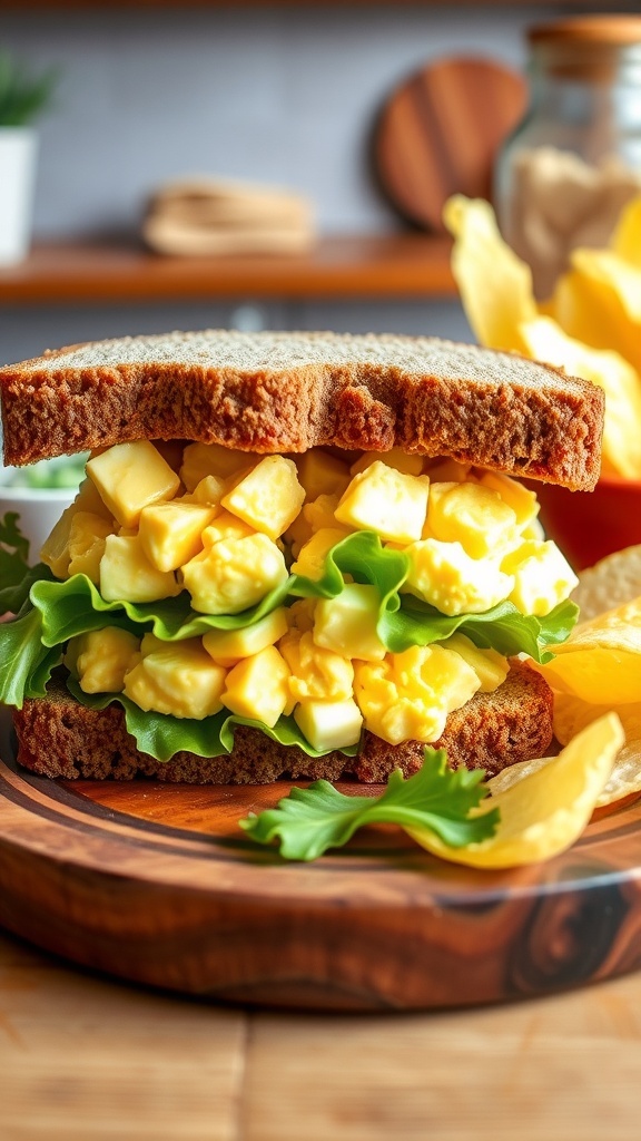 Egg salad sandwich on whole grain bread with lettuce, served on a wooden plate with potato chips.